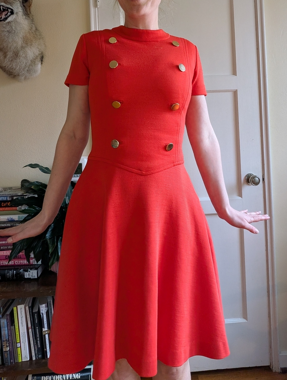Vintage Orange Wool Short-Sleeve Fit & Flare Dress with Gold Buttons